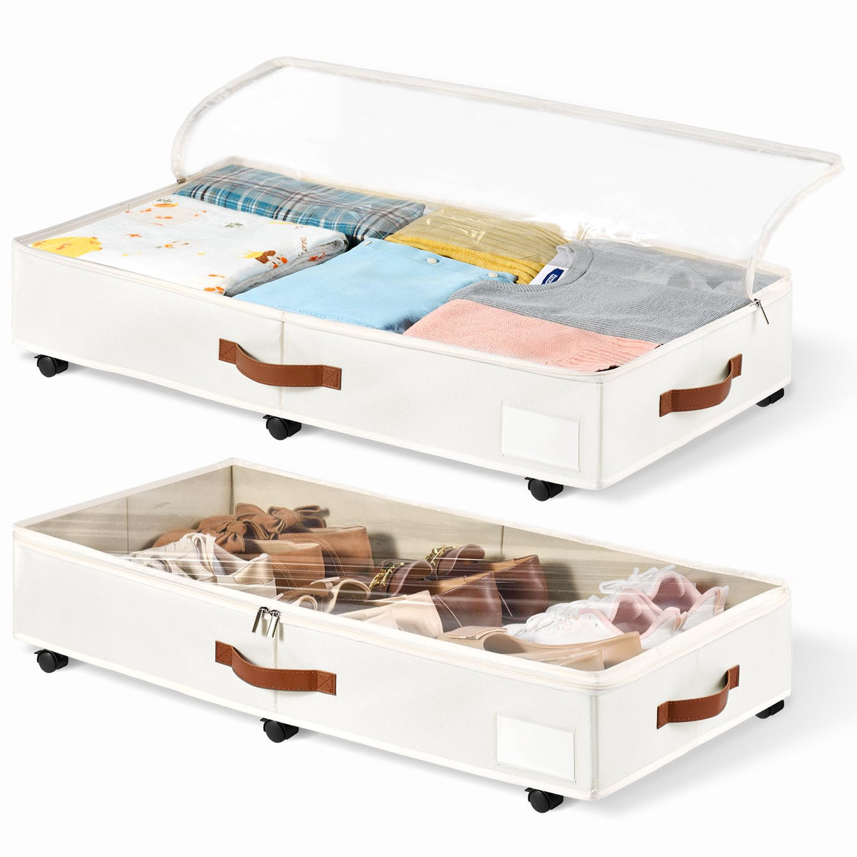 6 Inches Under Bed Storage with Wheels Pack of 2, Underbed Shoe Storage Container Bin with Clear Lid Cover, Rolling Under Bed Drawer Storage Bag Basket for Shoe Organizer Sheet Sweater - White