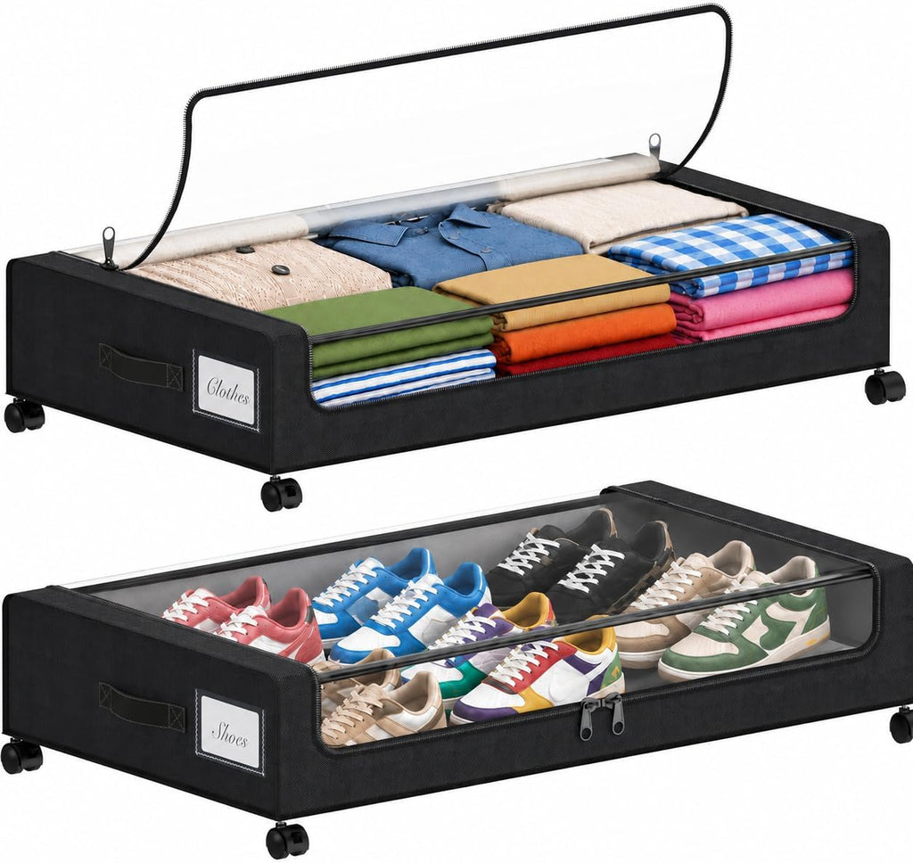 Under Bed Storage with Wheels, 2 Pack Under Bed Storage Containers with Clear Lids, 68L Underbed Shoe Storage Organizer Bins, Rolling Under Bed Metal Drawer for Blanket, Clothes, Shoes, Toys - Black