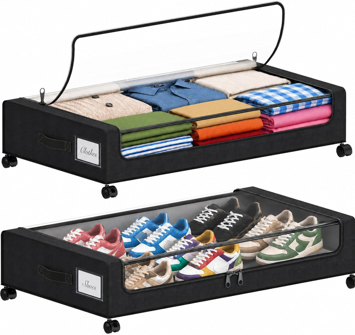 Under Bed Storage with Wheels, 2 Pack Under Bed Storage Containers with Clear Lids, 68L Underbed Shoe Storage Organizer Bins, Rolling Under Bed Metal Drawer for Blanket, Clothes, Shoes, Toys - Black