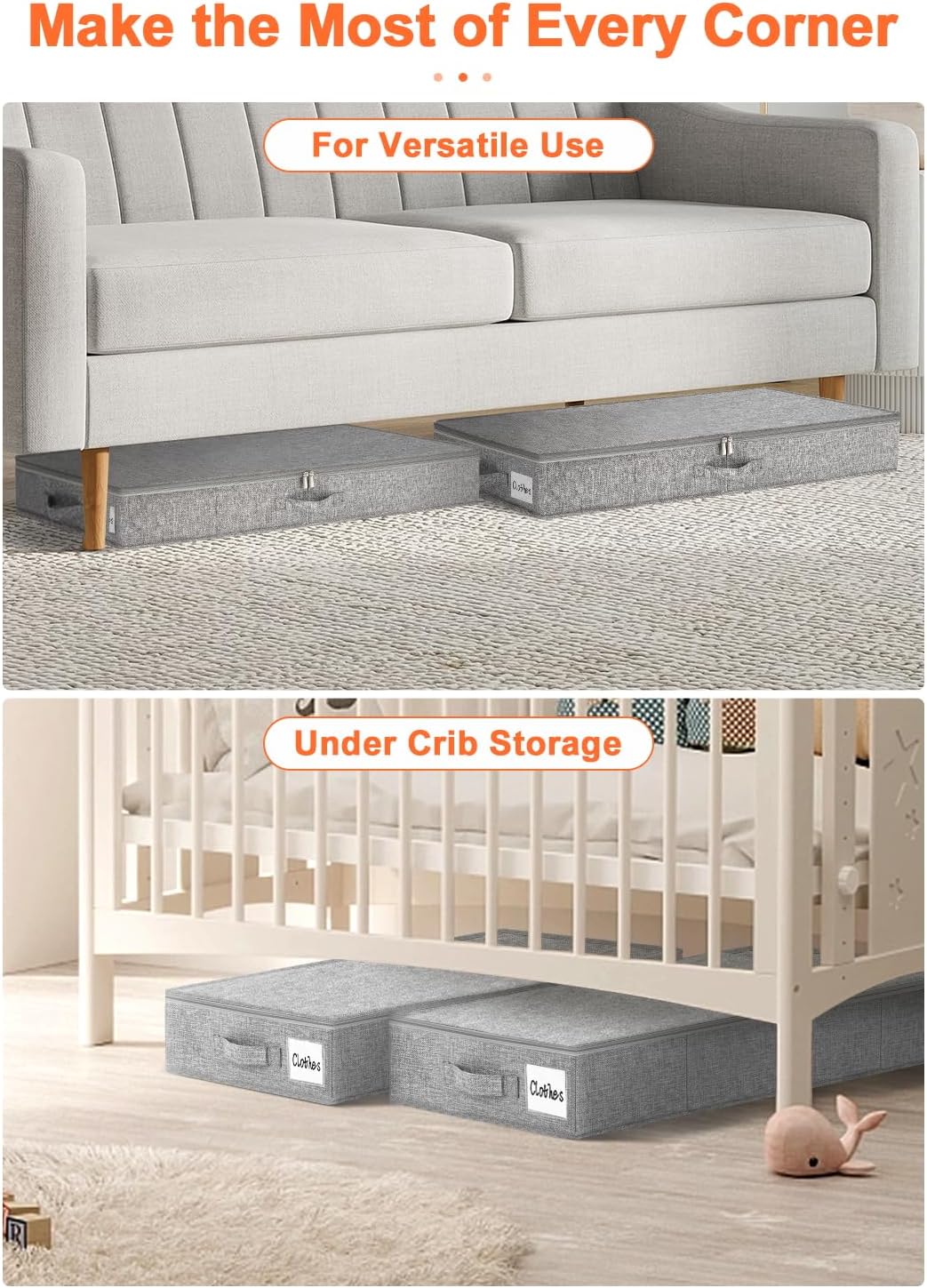 punemi 5 inch High Sturdy Low Profile Under Bed Storage, 2 Pack, Grey