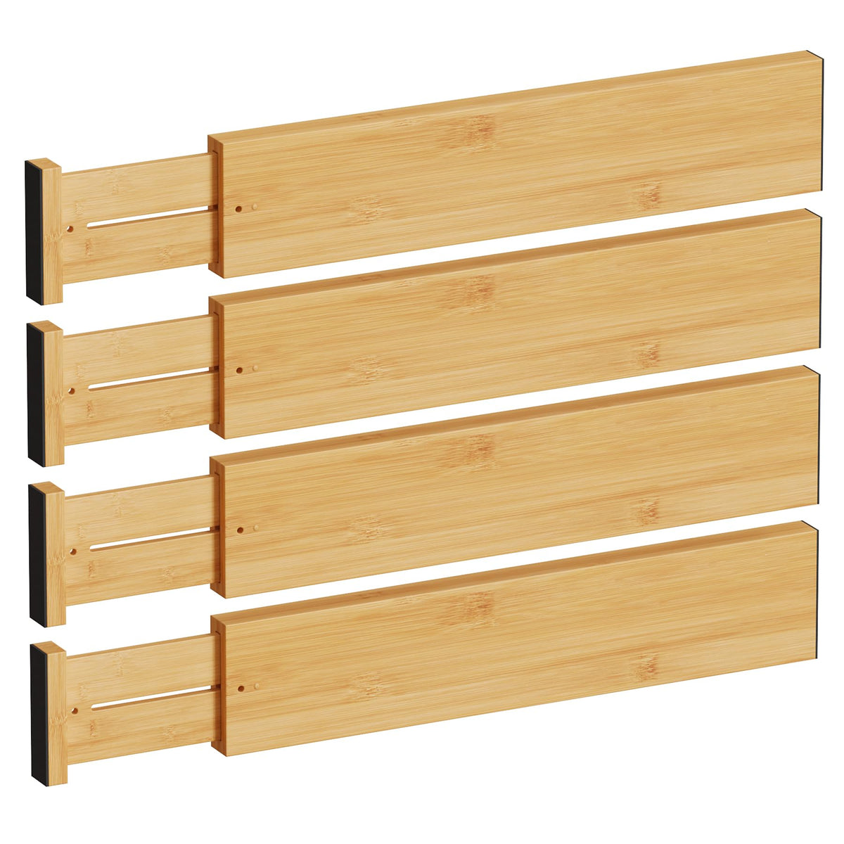 BAMEOS Bamboo Expandable Drawer Dividers – Fits 16.6"–22" Drawers, 2" High, Set of 4 | Spring-Loaded Bamboo Separator for Kitchen Island, Bathroom Vanity & Dresser Drawers