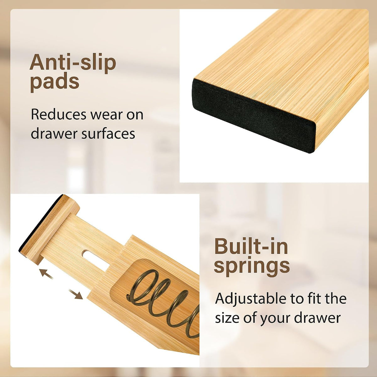 Adjustable Bamboo Drawer Dividers of 8, Expandable Organizers (16.9"-22.2")