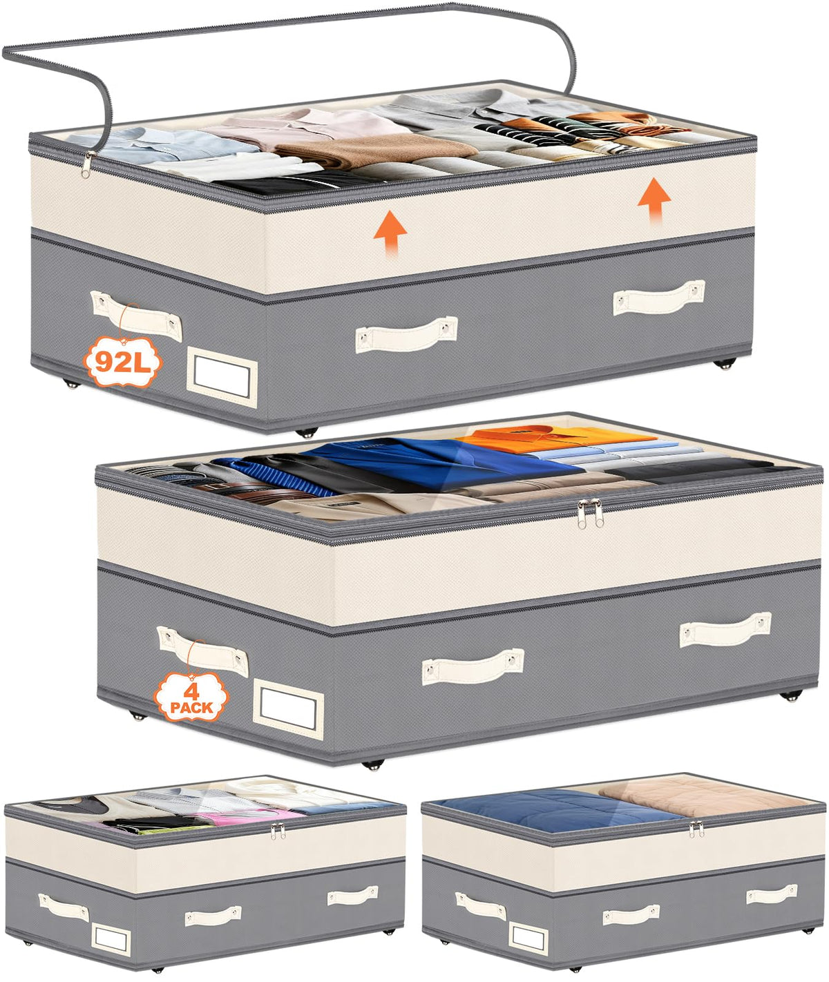 Dolicer 2 Pack Under Bed Storage with Wheels, 6in-10in Height Adjustable Underbed Storage Containers, 92L XXXL Under Bed Drawers Rolling Bin with Clear Lids for Dorm Shoes Clothes Organizers(Grey)