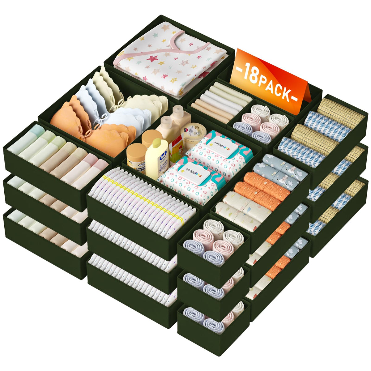 DIMJ Drawer Organizer Clothes 15 Pack - Foldable Baby Organizers and Storage & Closet Organizers for Bedroom, Closet - Nursery Organization Dresser Dividers for underwear, Sock,Bra, Belt, Tie, Beige
