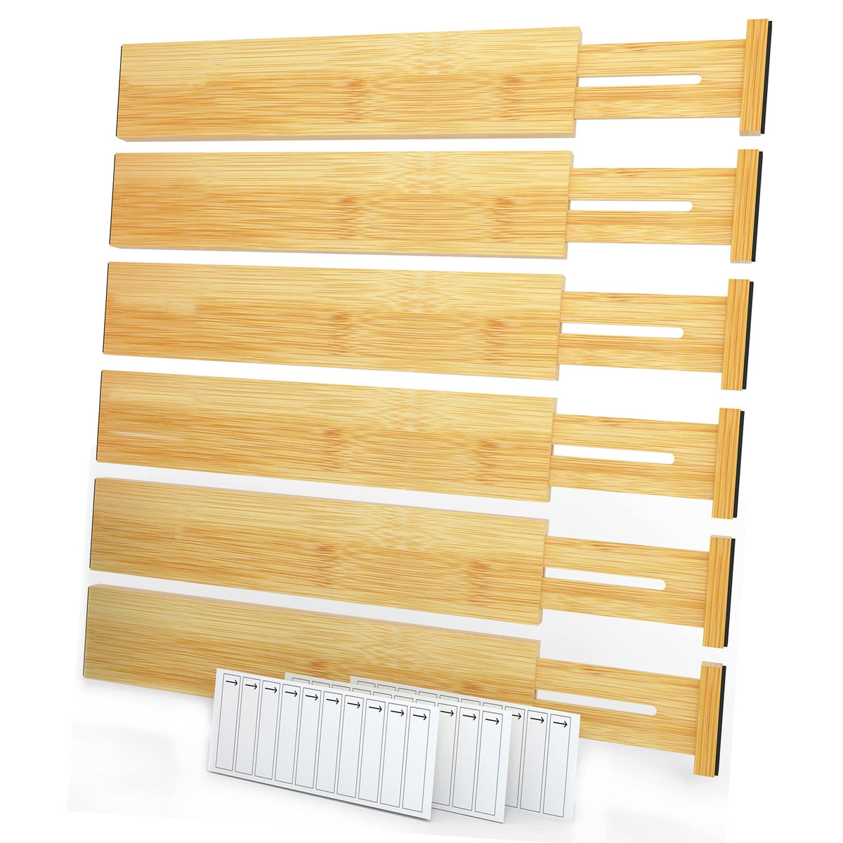 SpaceAid Bamboo Drawer Dividers with Labels, Kitchen Adjustable Drawer Organizers, Expandable Organization for Home, Office, Dressers and Bathroom, 6 Dividers (17-22 in)