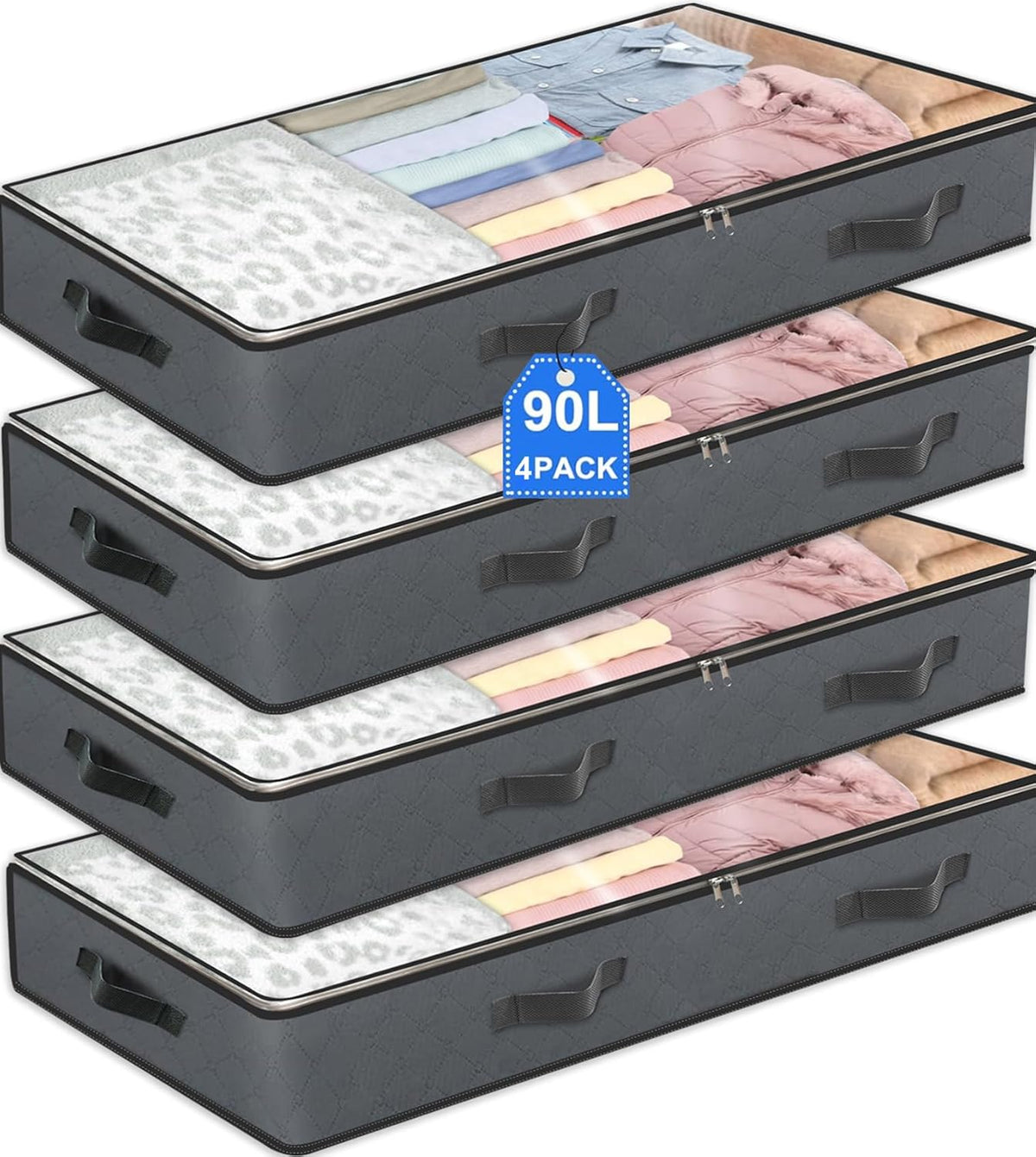 BiCINE 4 Pack Under Bed Storage, 95L Foldable Closet Containers Organizers