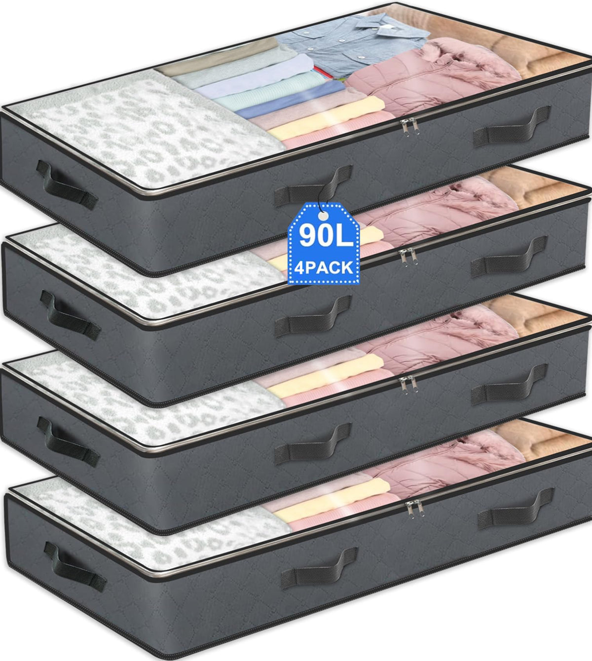 BiCINE 4 Pack Under Bed Storage, 95L Foldable Closet Containers Organizers