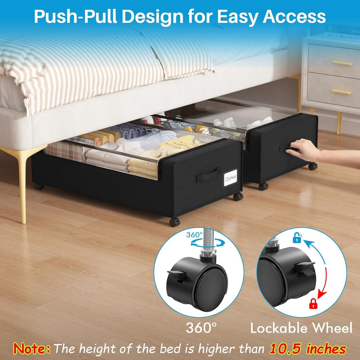 Webetop Under Bed Storage Containers with Wheels, Clear Lid, 2-Pack