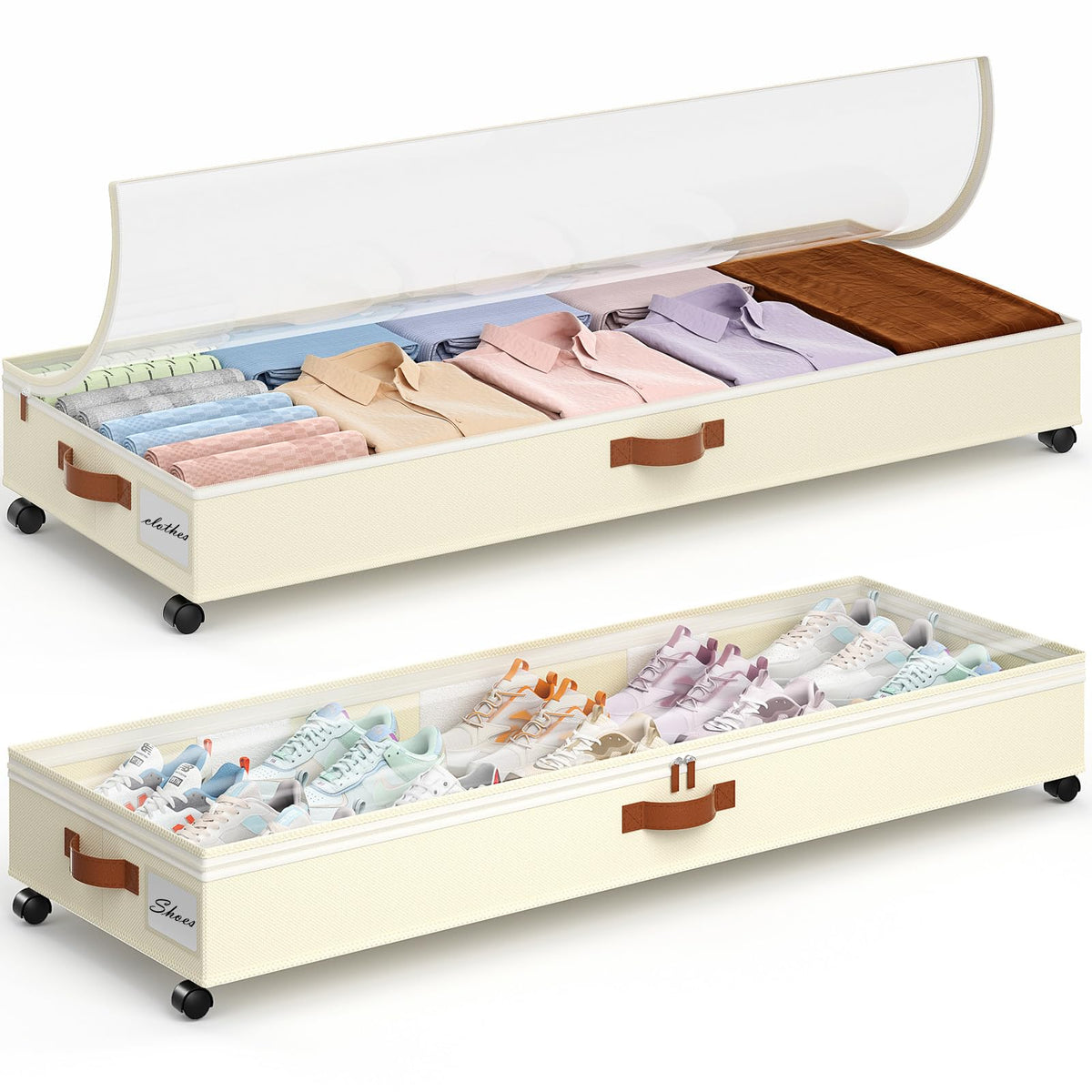 Yecaye Under Bed Storage with Wheels, 2 Pack Under Bed Storage Containers with Adjustable Dividers & Clear Lid, Rolling Underbed Organizer Bins Drawer for Clothes, Shoes, Blankets(30.3 x 16 x 6.7in)