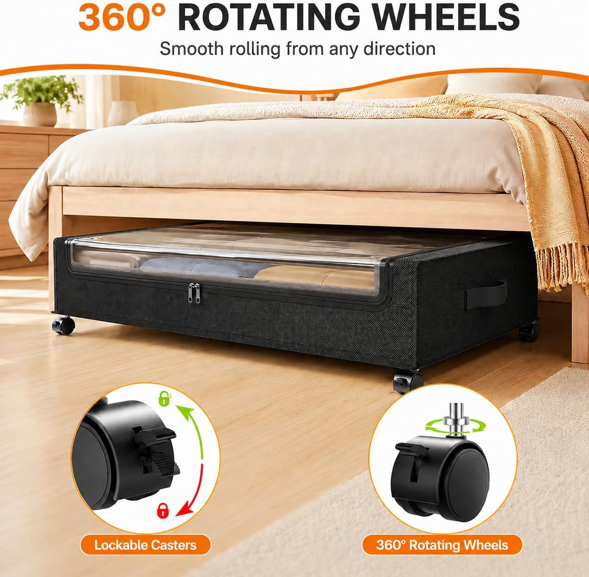 Under Bed Storage with Wheels, 2 Pack Under Bed Storage Containers with Clear Lids, 68L Underbed Shoe Storage Organizer Bins, Rolling Under Bed Metal Drawer for Blanket, Clothes, Shoes, Toys - Black