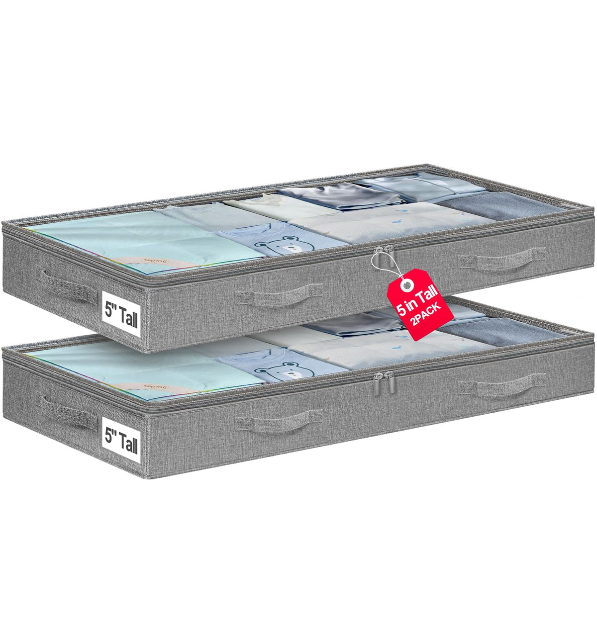 punemi 5 inch High Sturdy Low Profile Under Bed Storage, 2 Pack, Grey