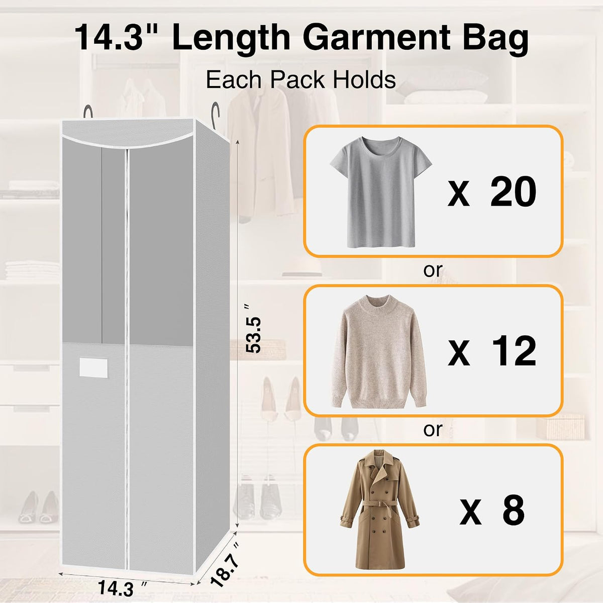 STO STO 2 Pack Garment Bag for Hanging Clothes Closet, Hanging Garment Cover with Built-in Steel Hanging Rod, Hanging Wardrobe Storage Bag for Suit, Dress with Clear Window, Zipper, ID Card, Gray