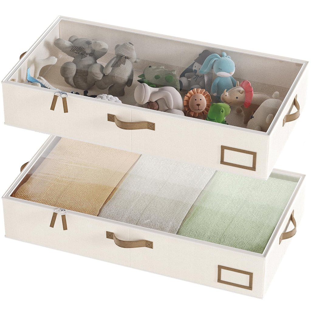 Under Bed Storage, Under Bed Storage Containers Bins for Clothes, Large Linen Underbed Closet Organization Bins, 2 Pack Collapsible Underbed Bin Dorm for Clothes, Sweater, Beige