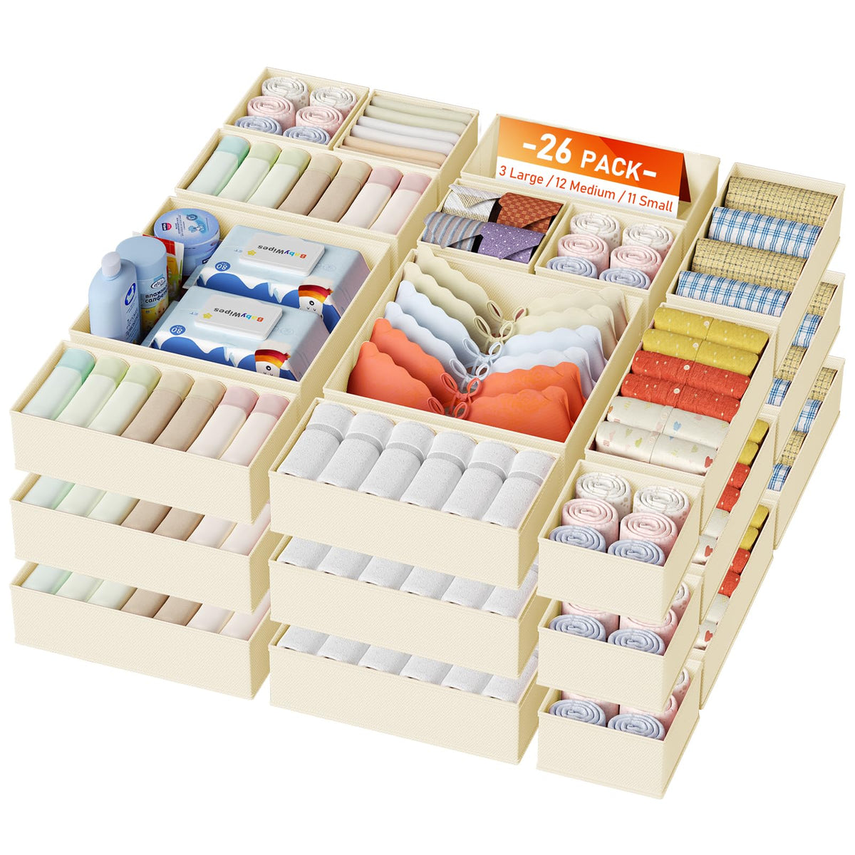 DIMJ Drawer Organizer Clothes 15 Pack - Foldable Baby Organizers and Storage & Closet Organizers for Bedroom, Closet - Nursery Organization Dresser Dividers for underwear, Sock,Bra, Belt, Tie, Beige
