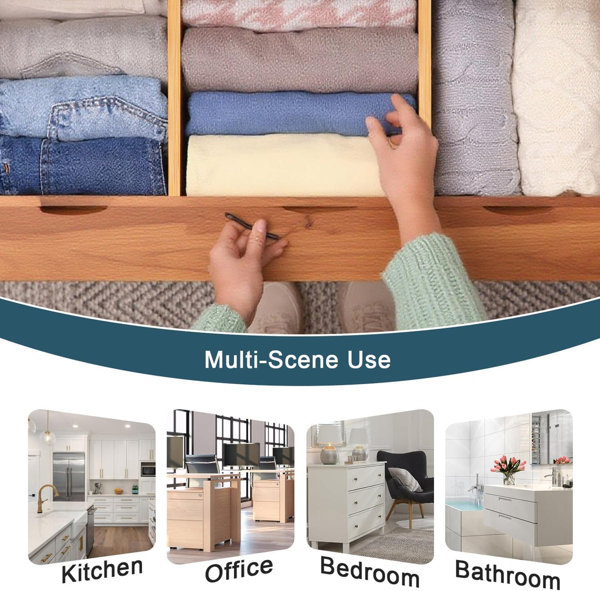 Lzerking Bamboo Drawer Dividers 4.65" High, Adjustable Dresser Drawer Organizers, 12-17.5" Expandable Deep Kitchen Drawer Divider for Dresser, Closet, Kitchen, Bedroom, Bathroom, 6 Pack
