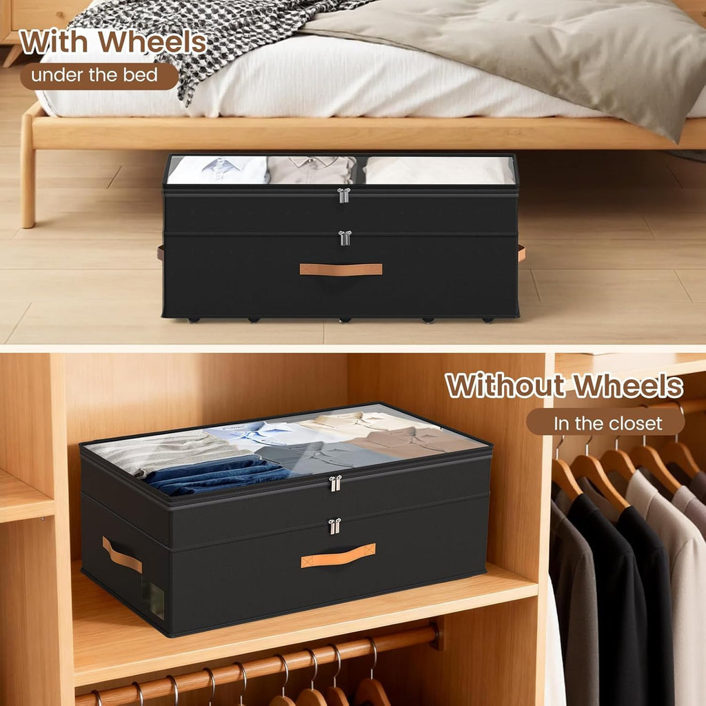 90L XXL Large Under Bed Storage with Wheels, 2-Pack (Black) 11'' Height Adjustable XXL Rolling Storage Bins with Clear Lids, Dorm Under Bed Drawers for Clothes, Shoes, Blankets