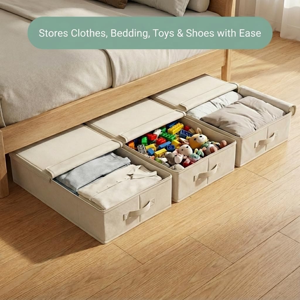 3pcs Lightweight Fabric Folding Under Bed Storage Box with Zip Dust Cover