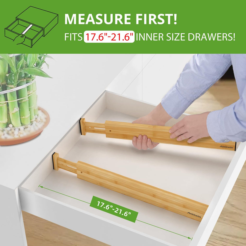 ANTOWIN Bamboo Drawer Dividers Organizers 16pcs, Expandable Drawer Separators Splitter, 17-22 inches Long Adjustable Spring-loaded Organizer for Large Utensil, Clothes, Tools Drawers (8+8)