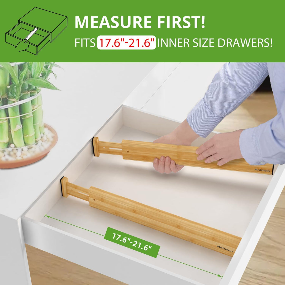 ANTOWIN 4 Pcs Expandable Bamboo Drawer Dividers, Fits 17.6-21.6" Drawers