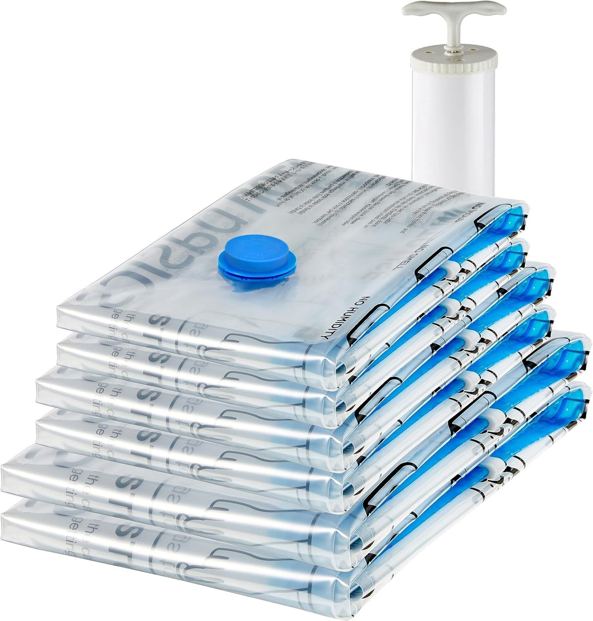 Amazon Basics Vacuum Storage Bags for Clothes, Space Saving Compression Storage Bags with Hand Pump, Heavy Duty, Stackable, Jumbo Size, Clear, 6-Pack