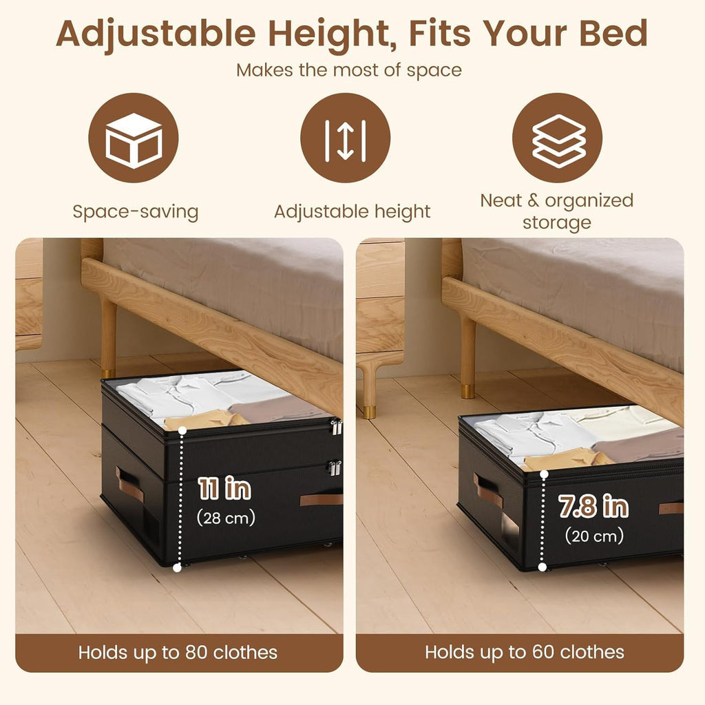 90L XXL Large Under Bed Storage with Wheels, 2-Pack (Black) 11'' Height Adjustable XXL Rolling Storage Bins with Clear Lids, Dorm Under Bed Drawers for Clothes, Shoes, Blankets