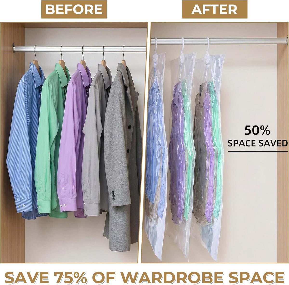 6 Pcs Hanging Vacuum Seal Bags for Clothing, Reusable Compressed Space Saver Vacuum Storage Bags 43.3 x27.6 Inch Vacuum Seal Storage Bag for Closet Organizer Suits Dress Coats Jackets, Clear