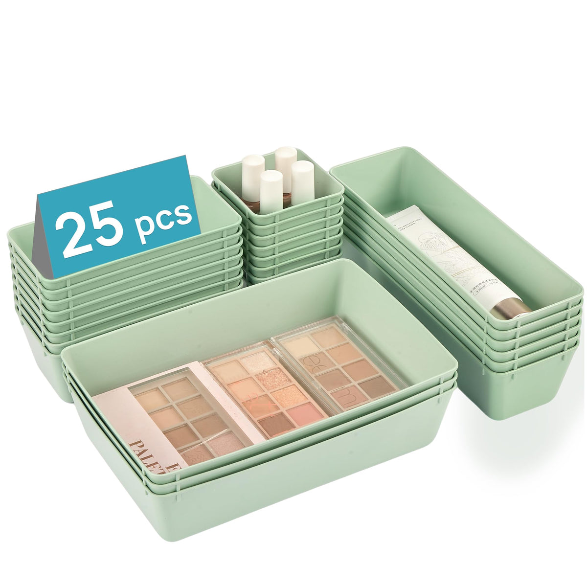 Vtopmart 25 PCS Clear Plastic Drawer Organizers Set, 4-Size Versatile Bathroom and Vanity Drawer Organizer Trays, Storage Bins for Makeup, Bedroom, Kitchen Gadgets Utensils and Office