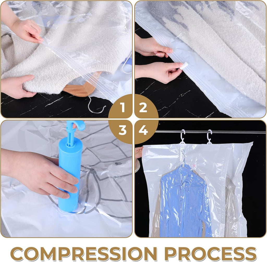 6 Pcs Hanging Vacuum Seal Bags for Clothing, Reusable Compressed Space Saver Vacuum Storage Bags 43.3 x27.6 Inch Vacuum Seal Storage Bag for Closet Organizer Suits Dress Coats Jackets, Clear