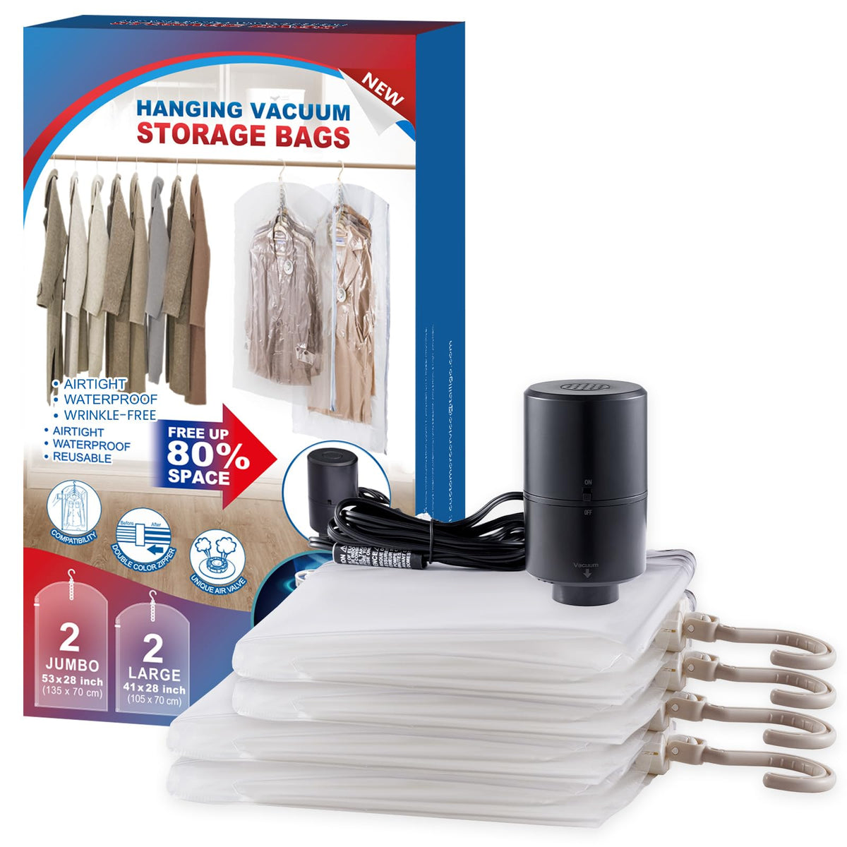 Hanging Vacuum Storage Bags, Space Saver Vacuum Seal Bags for Cloth, 6 Long