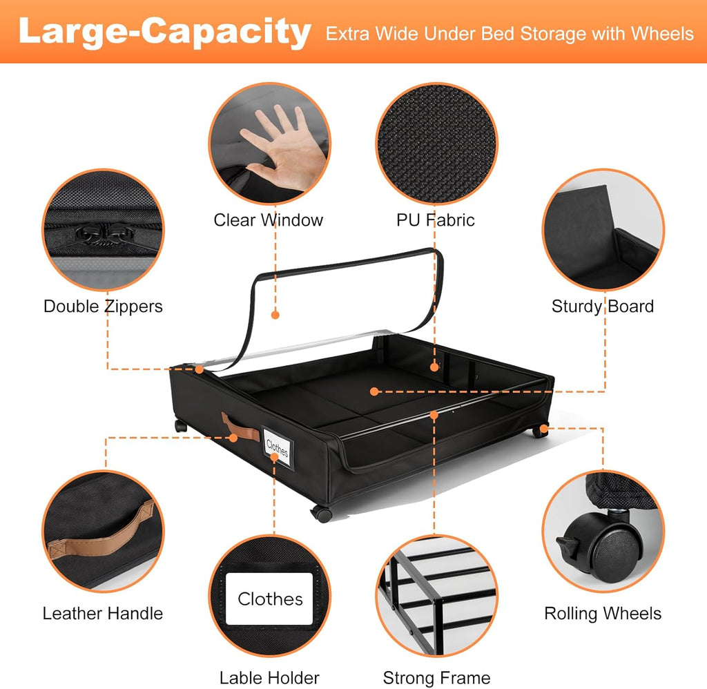 80L Large Under Bed Storage with Wheels, 2-Pack XXL Underbed Shoe Storage