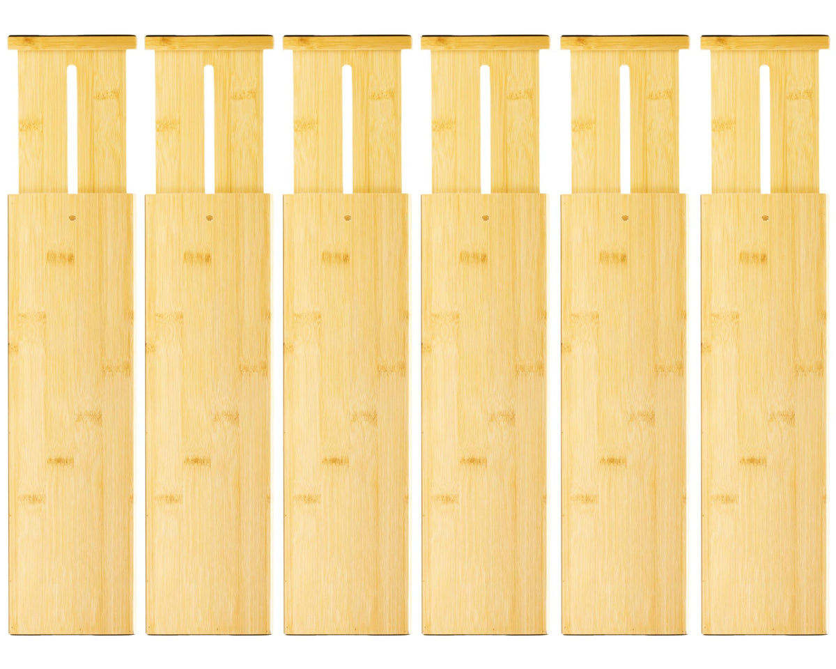 VaeFae 6-Pack Adjustable Bamboo Drawer Dividers, Expandable Drawer Organizer for Kitchen Utensils, Clothes, Bathroom, Office – Fits Drawer Interiors 16.6" to 21.8"