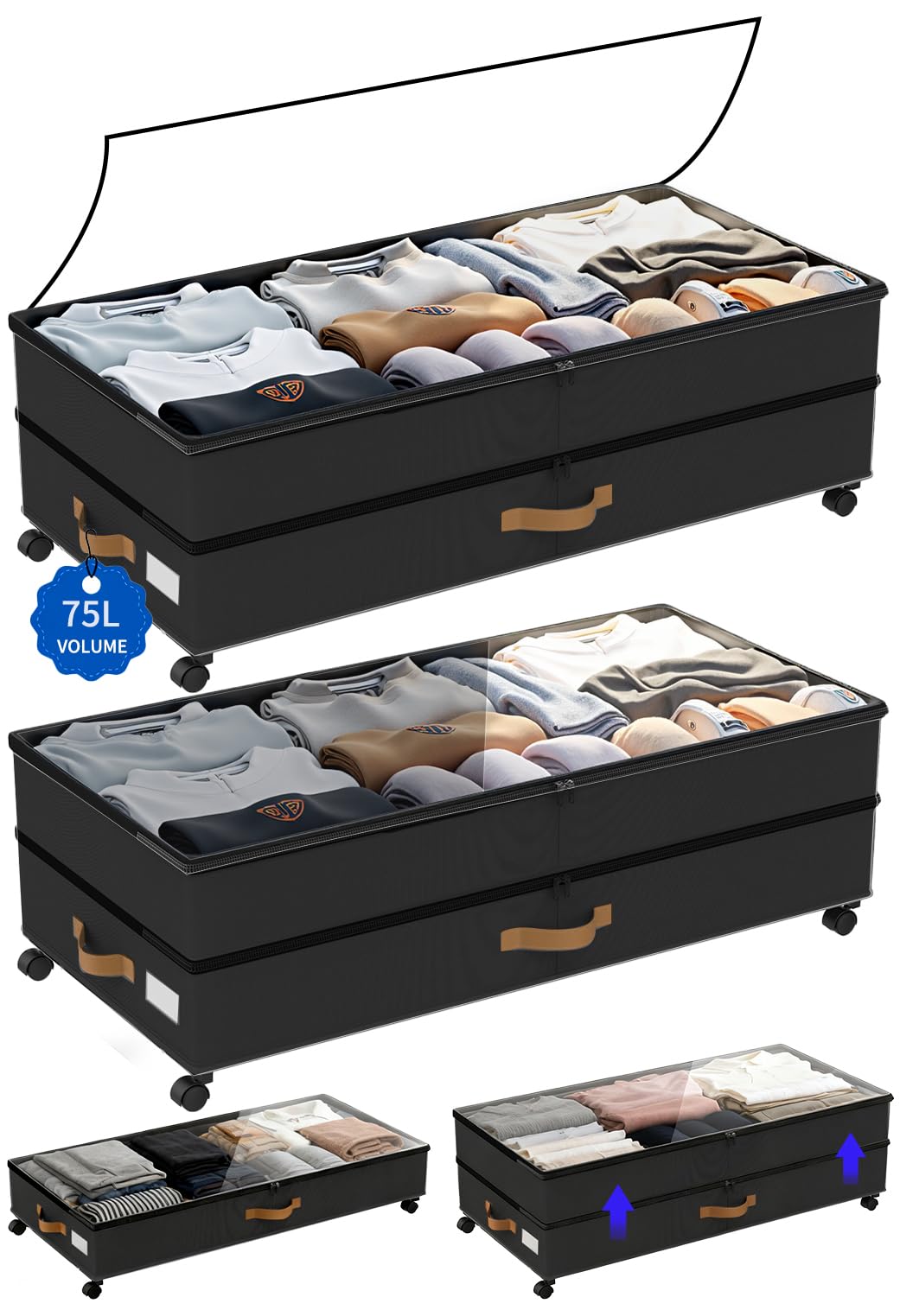 Under Bed Storage with Wheels 2-Pack, 75L XXL Under the Bed Storage Containers Large, 12" Tall Adjustable Storage for Underbed with Lids, Rolling for Clothes, Shoes, Blankets (Black)
