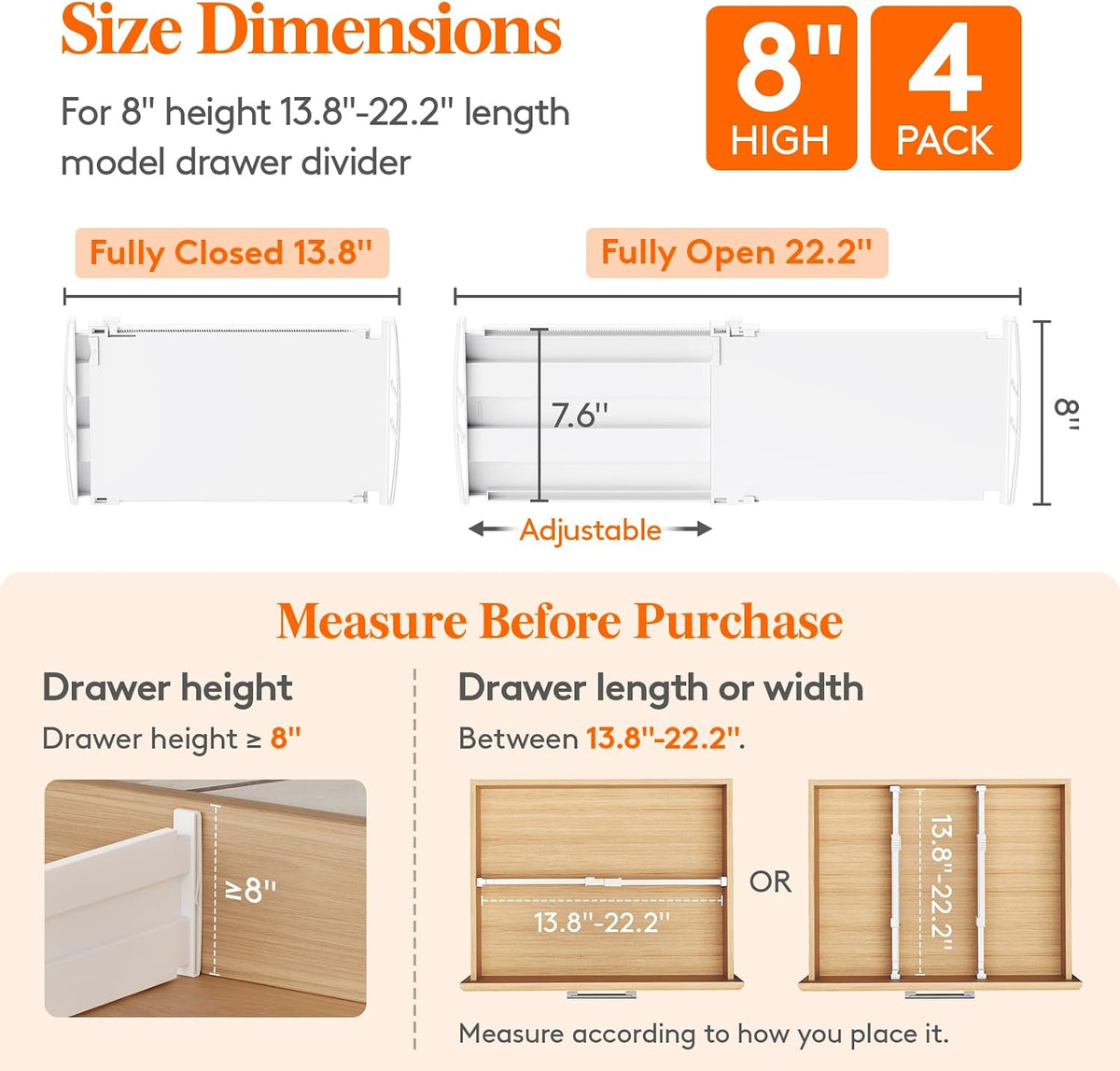 Lifewit 8" Tall Drawer Dividers, Adjustable Deep Drawer Organizer Clothes