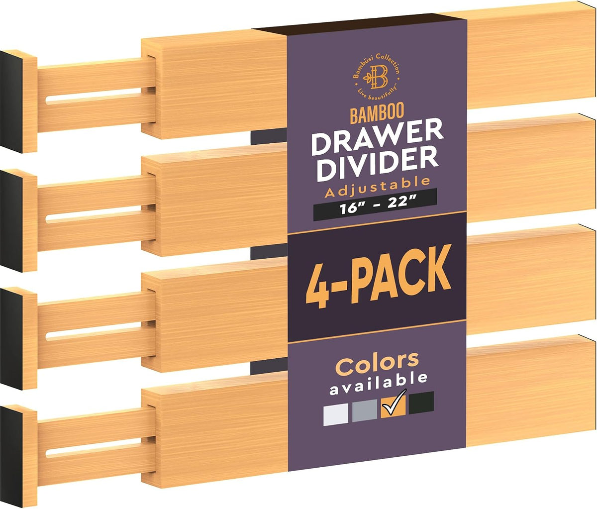 Bambüsi 4-Pack Drawer Divider - 2.6" High, 16" to 22" Adjustable Bamboo Drawer Organizers for Clothes, Expandable Dresser Separators in Bedroom/Bathroom/Kitchen/Office Organization and Storage