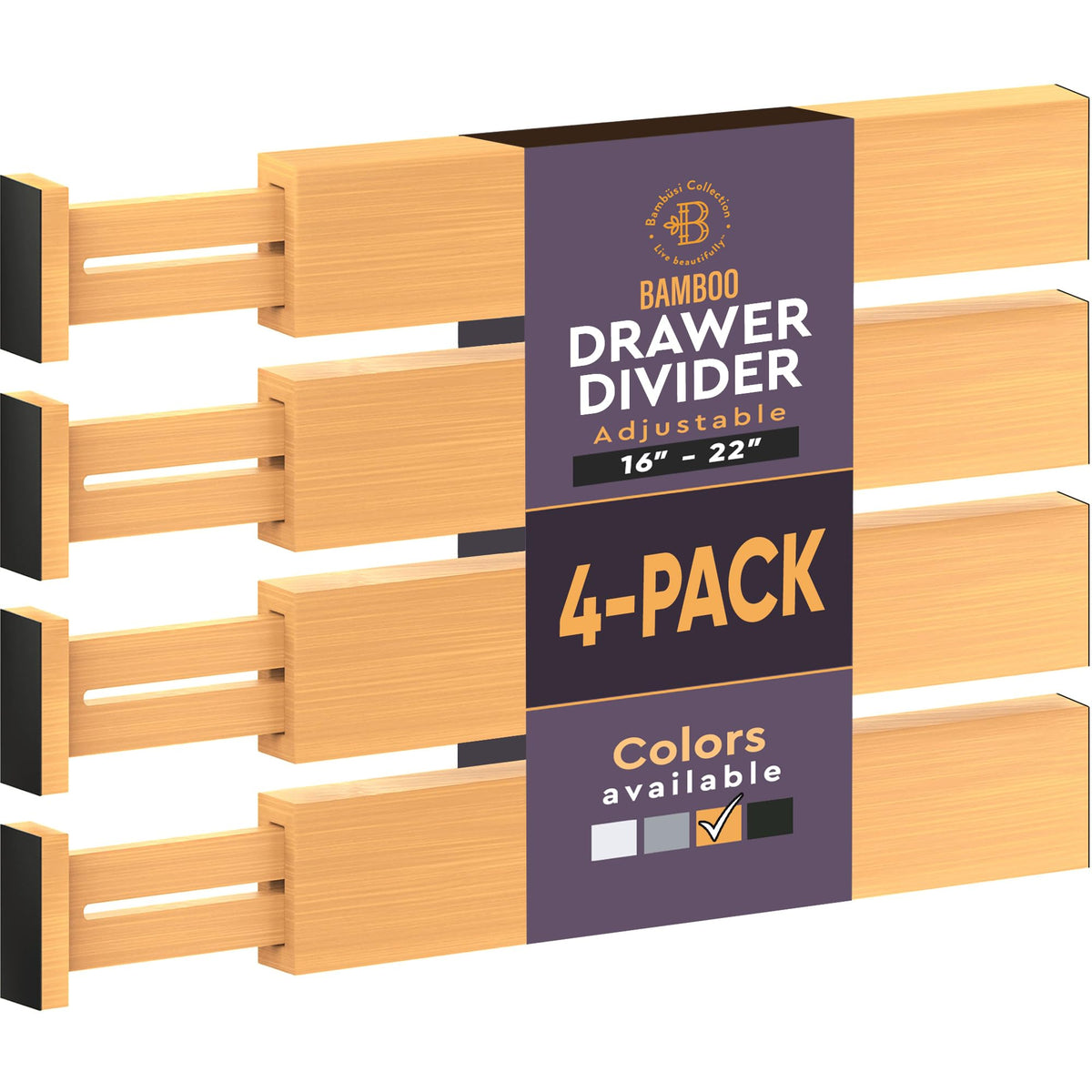 Bambüsi 4-Pack Drawer Divider - 2.6" High, 16" to 22" Adjustable Bamboo Drawer Organizers for Clothes, Expandable Dresser Separators in Bedroom/Bathroom/Kitchen/Office Organization and Storage