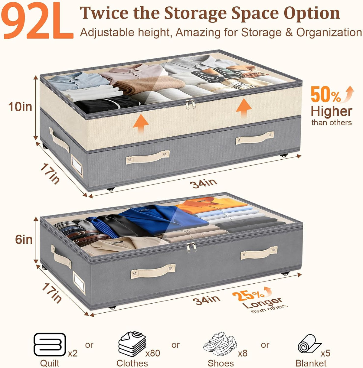 Dolicer 2 Pack Under Bed Storage with Wheels, 6in-10in Height Adjustable Underbed Storage Containers, 92L XXXL Under Bed Drawers Rolling Bin with Clear Lids for Dorm Shoes Clothes Organizers(Grey)