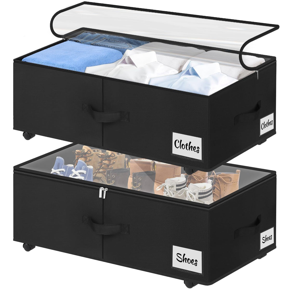 Under Bed Storage with Wheels, 2-Pack 10" Height XXL 75L Rolling Storage Bins, Quick Assembly Underbed Shoe Storage Containers with Clear Lid & Label, Dorm Under Bed Drawers for Clothes, Shoes, Black
