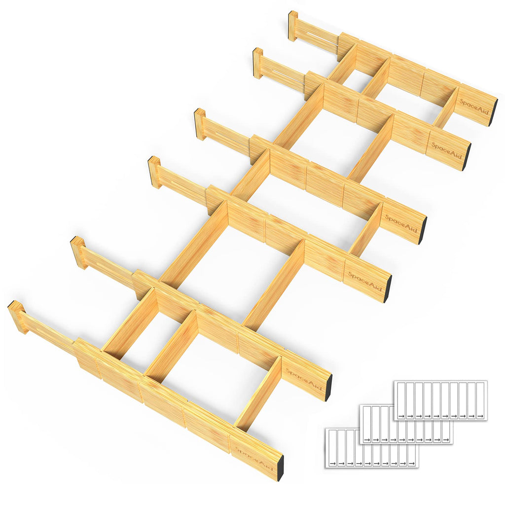 SpaceAid Bamboo Drawer Dividers with Inserts and Labels, Kitchen Adjustable Drawer Organizers, Expandable Organization for Home, Office, Dressers and Bathroom, 6 Dividers with 12 Inserts (17-22 in)