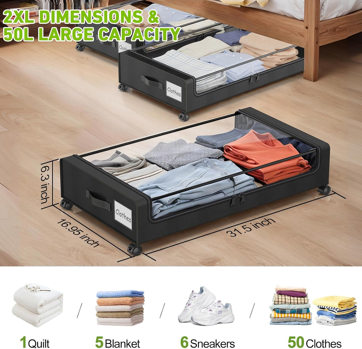 Molutsody Under Bed Storage with Wheels, 2-Pack Underbed Storage Containers with Clear Lids, Under Bed Shoe Storage Organizer, Rolling Under the Bed Storage Bins for Clothes Shoes Blankets (Black)