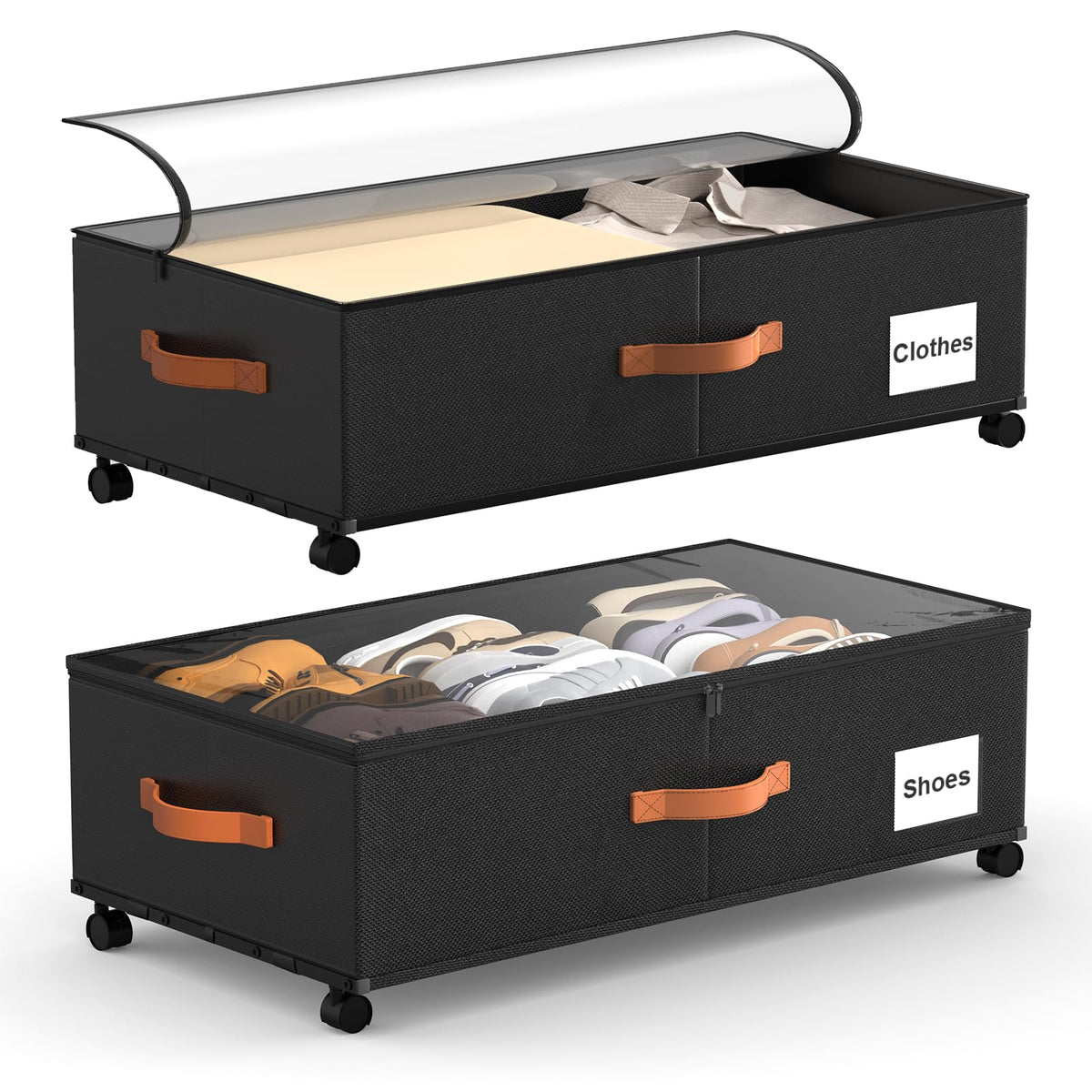 Eastherry Under Bed Storage Containers with Wheels, 9.5 inches Higher Underbed Shoes Blankets Clothes Toy Storage Drawers for College Dorms Bedrooms Nursery Rooms Organization, 2 Pack to be Assembled