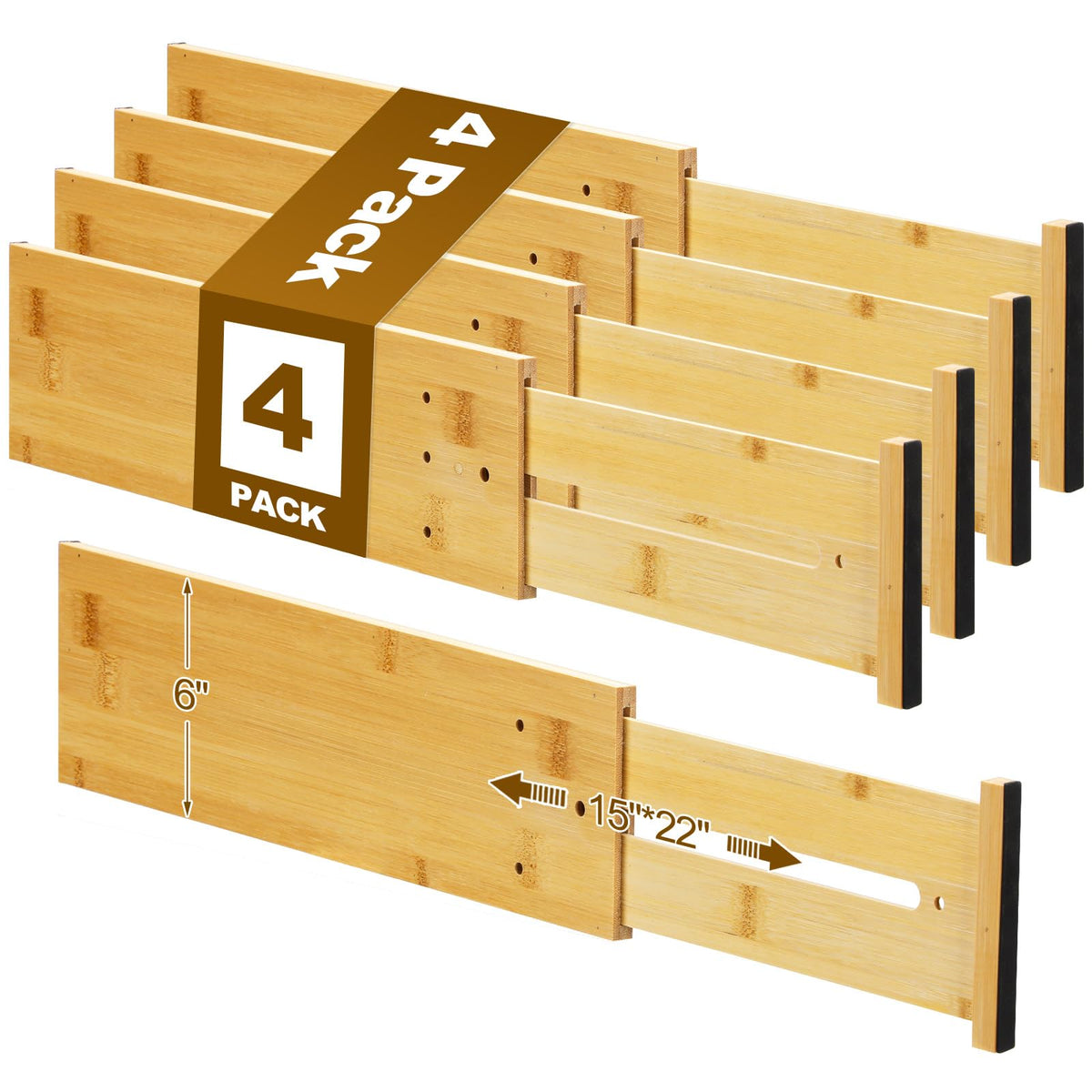 DoubleFill 4 Pcs 6 Inch High Drawer Dividers 15"-22" Adjustable, Wood Color