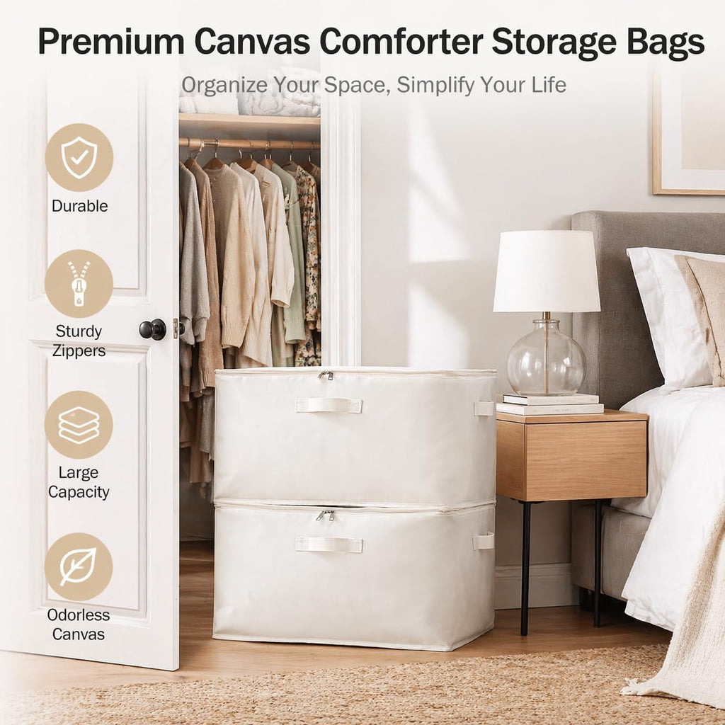 3 Pack Canvas Comforter Storage Bags for Clothes & King Comforters, Natural