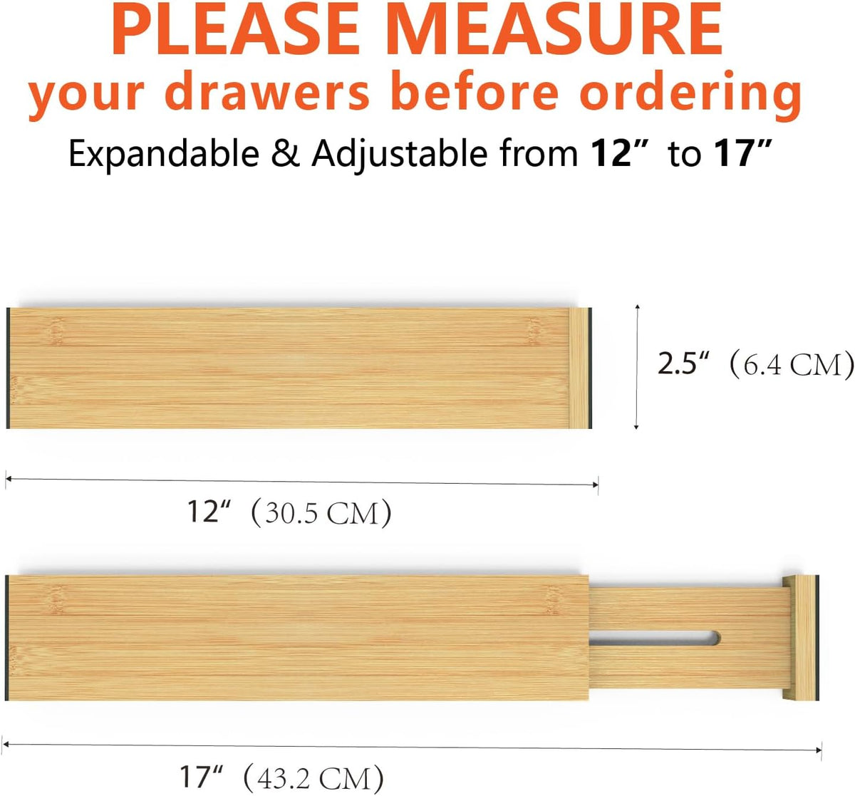 4 Pack Bamboo Drawer Dividers 2.6" High, Adjustable from 12 Inch to 17 Inch