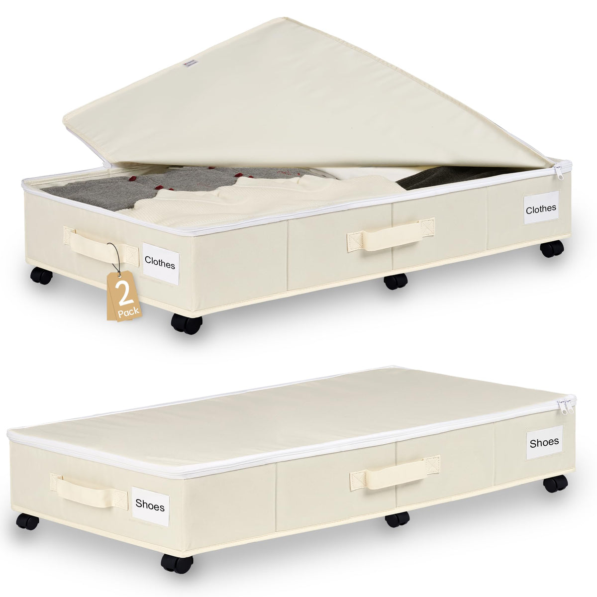 Vincona Under Bed Storage with Wheels, 2 Pack Under Bed Storage Containers with Label Holders for Clothes, Shoes and Blankets, Rolling Underbed Shoe Organizer with Cover, Beige (30.71x15.7x7.28 in)