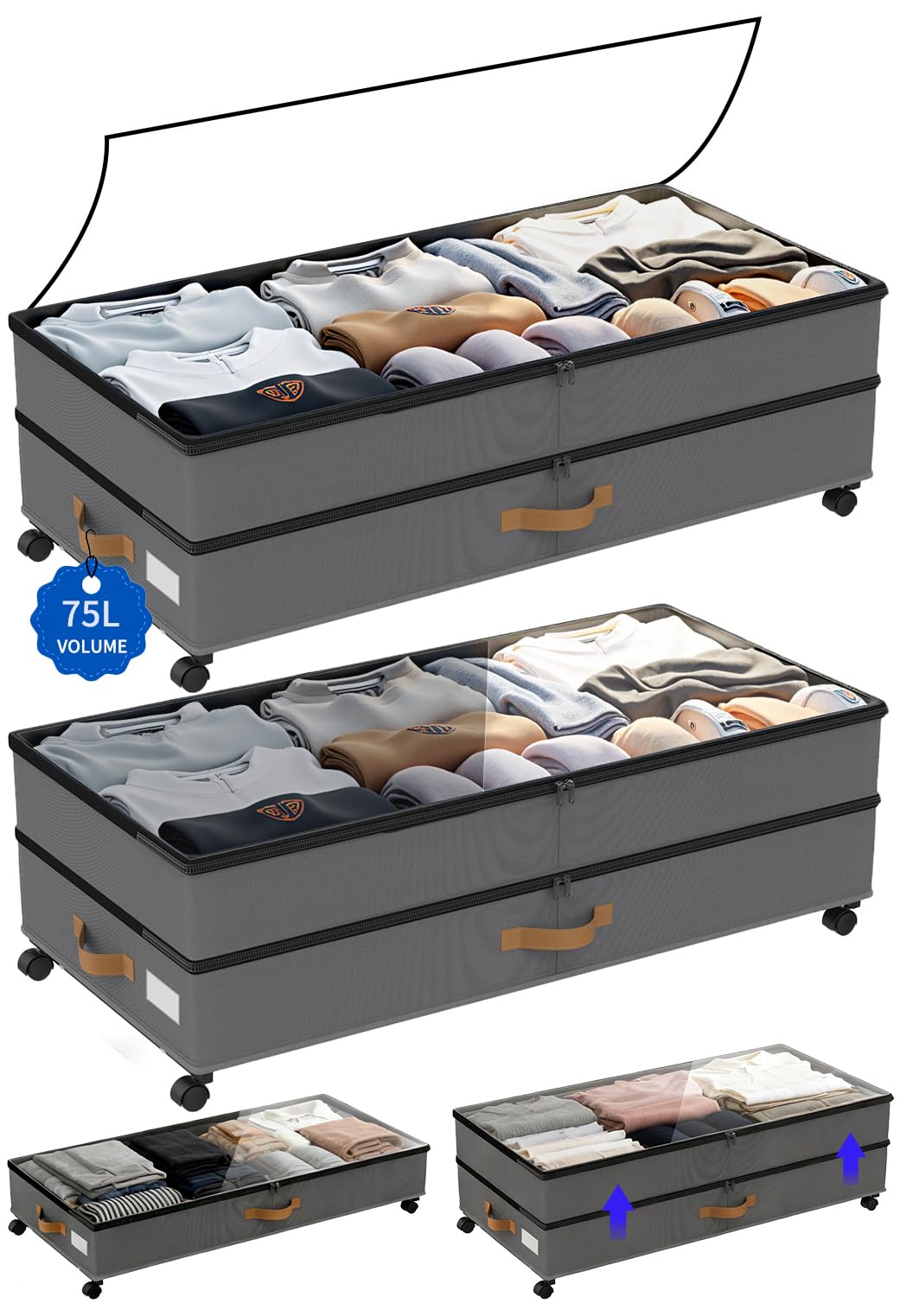 Under Bed Storage with Wheels 2-Pack, 75L XXL Under the Bed Storage Containers Large, 12" Tall Adjustable Storage for Underbed with Lids, Rolling for Clothes, Shoes, Blankets (Black)