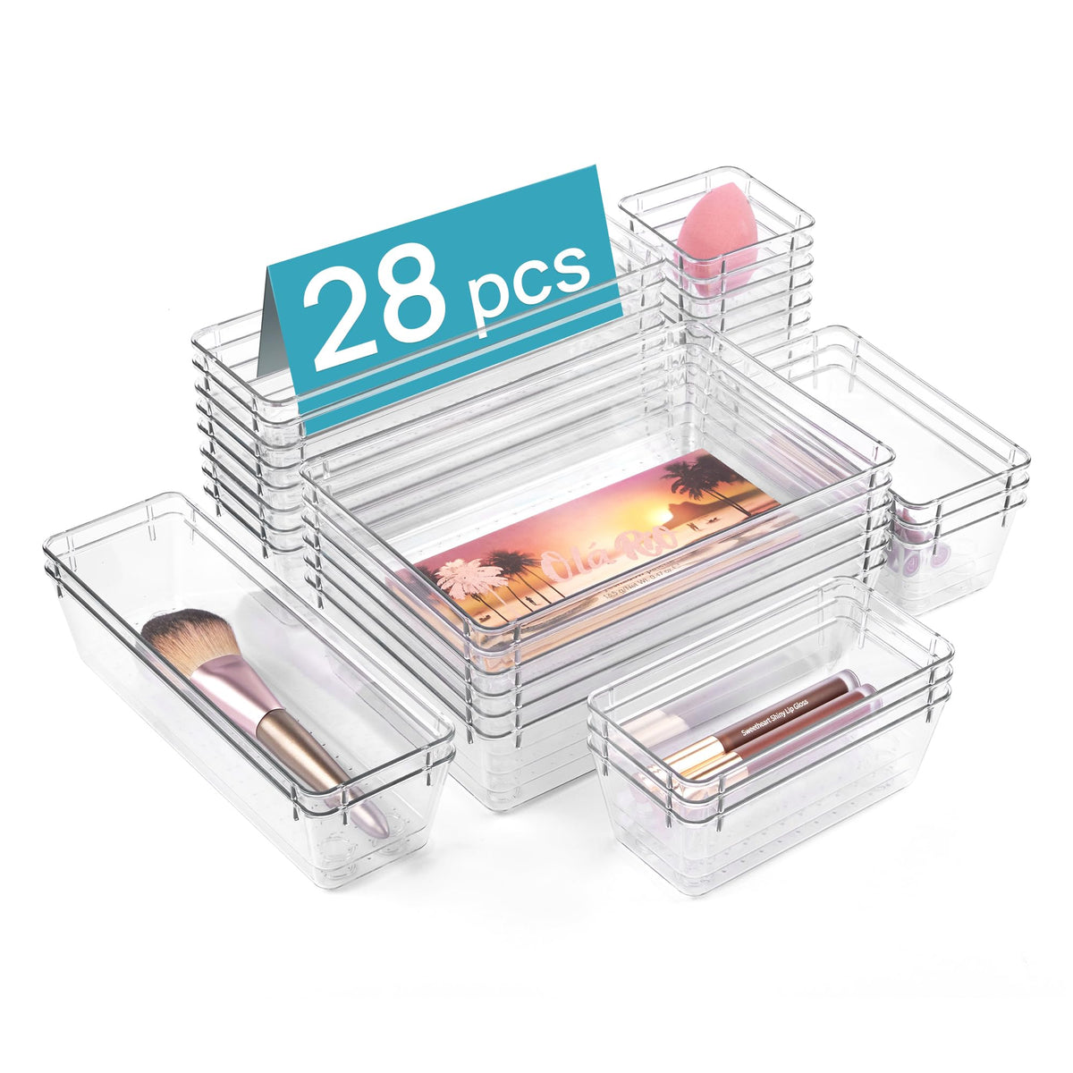 Vtopmart 25 PCS Clear Plastic Drawer Organizers Set, 4-Size Versatile Bathroom and Vanity Drawer Organizer Trays, Storage Bins for Makeup, Bedroom, Kitchen Gadgets Utensils and Office