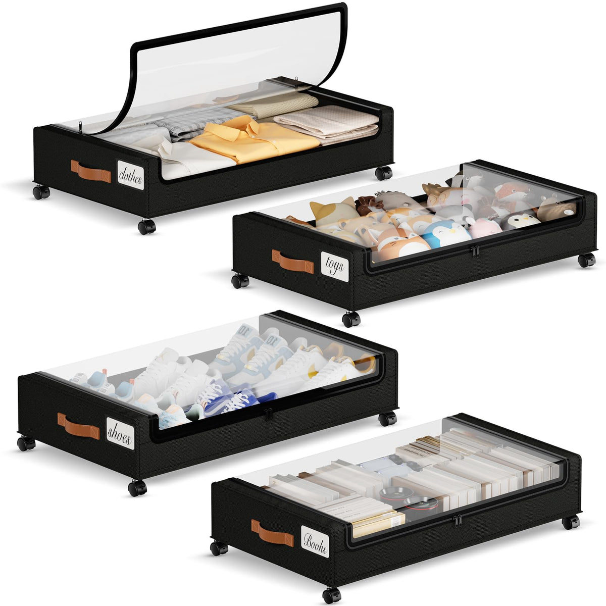 Yecaye 60L Under Bed Storage with Wheels, 2 Pack, Black