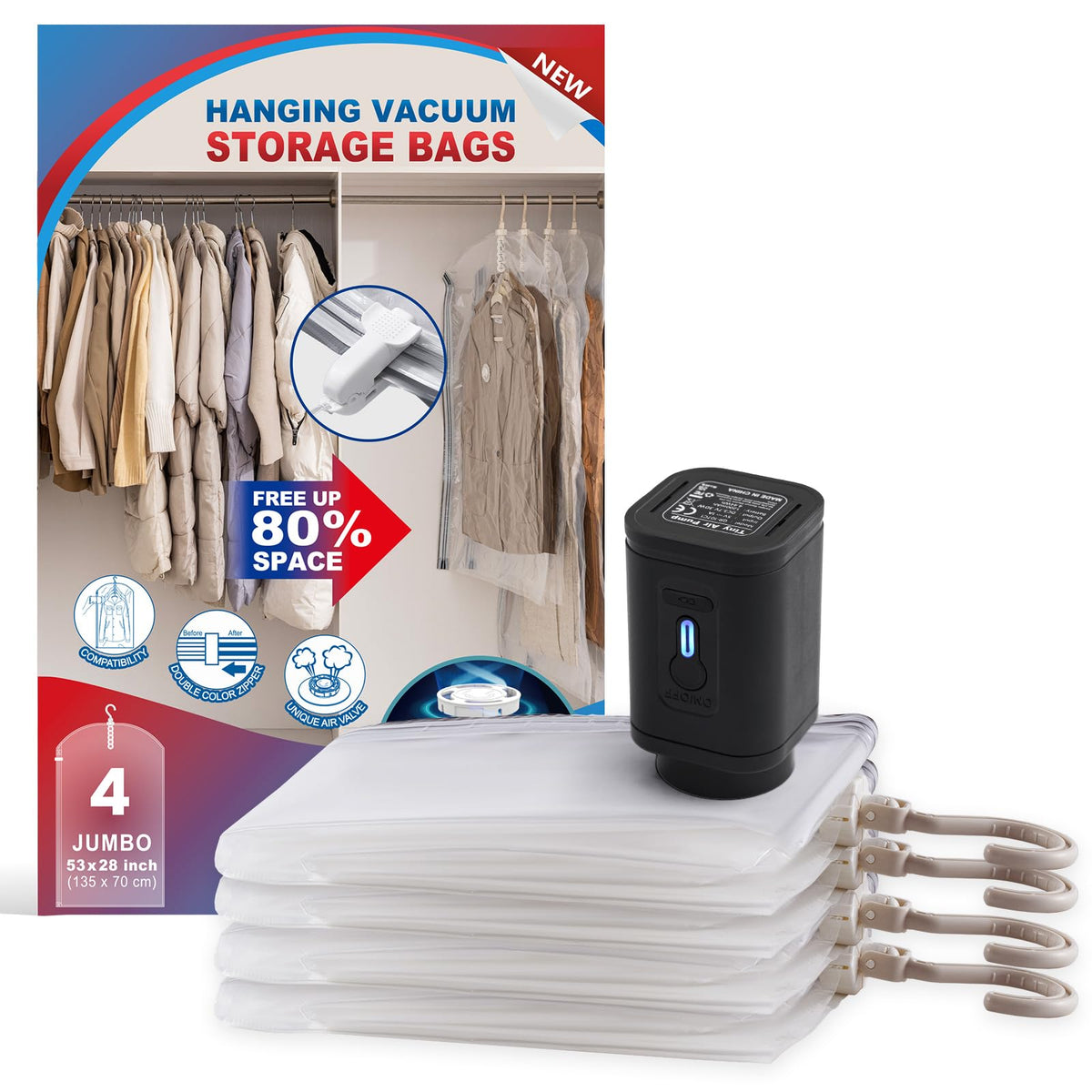 Hanging Vacuum Storage Bags, Space Saver Vacuum Seal Bags for Cloth, 6 Long