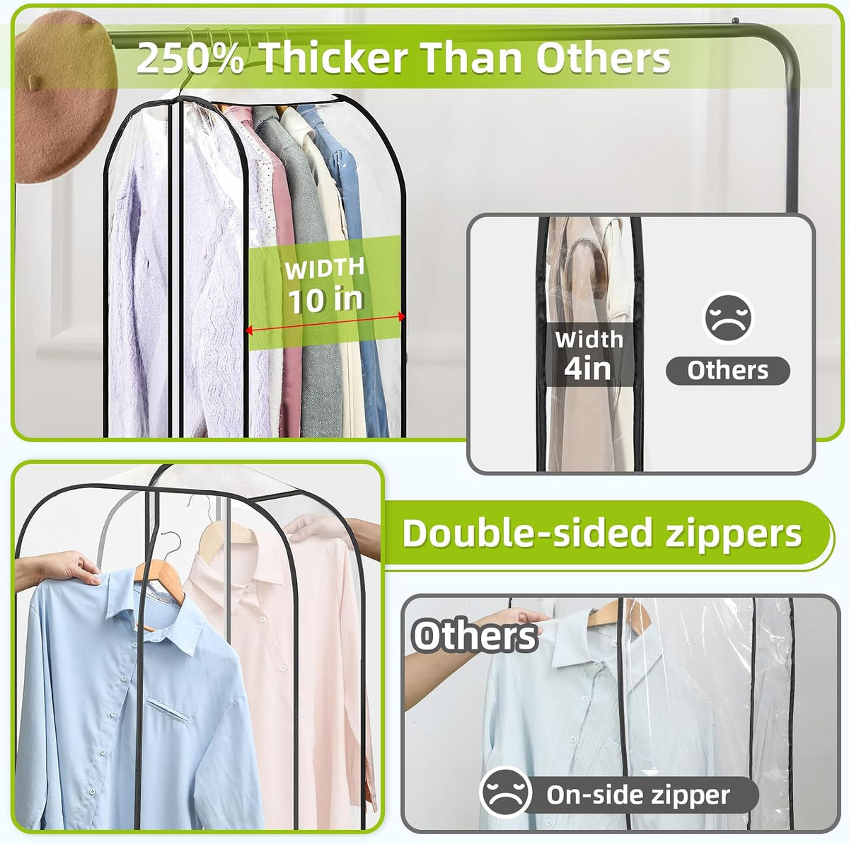 LANDNEOO 6 Pack Clear Garment Bags for Hanging Clothes with Zippers on Double Sides - 10'' Clothes Storage for Coat, Dress, and Fur in Closet - 40'' Long Suit Bags
