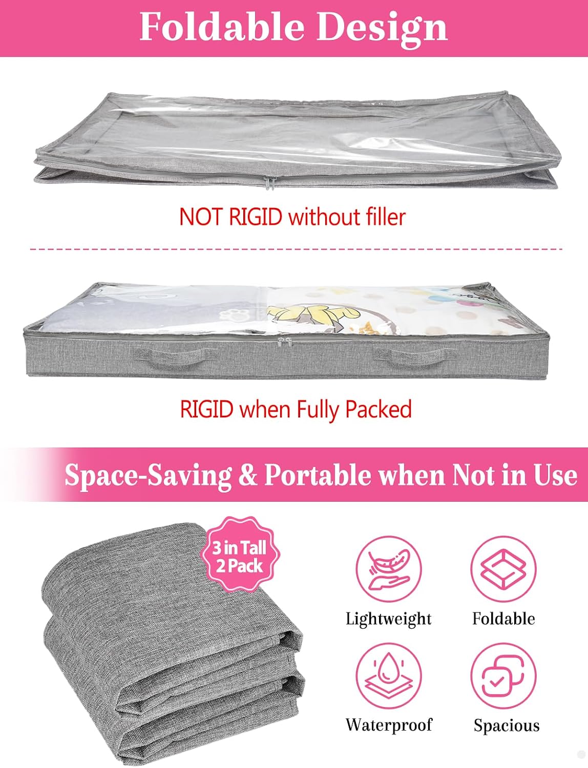 3-in Low Profile Under Bed Storage, No Structure, 2-Pack, Gray